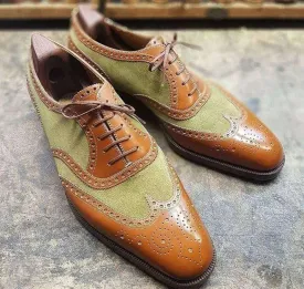 Men's Green Brown Leather Suede Wing Tip Brogue Shoes