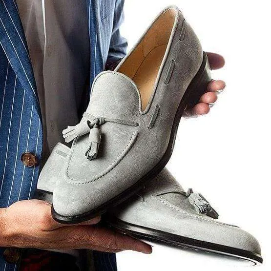 Men's Handmade Gray Suede Tussles Loafers Shoe