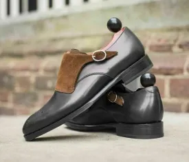 Men's Handmade Two Tone Side Buckle Shoes, Street Wear Classic Leather Suede Shoes