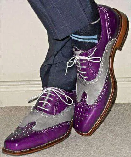 Men's Leather Purple Gray Color Wing Tip Brogue Shoes