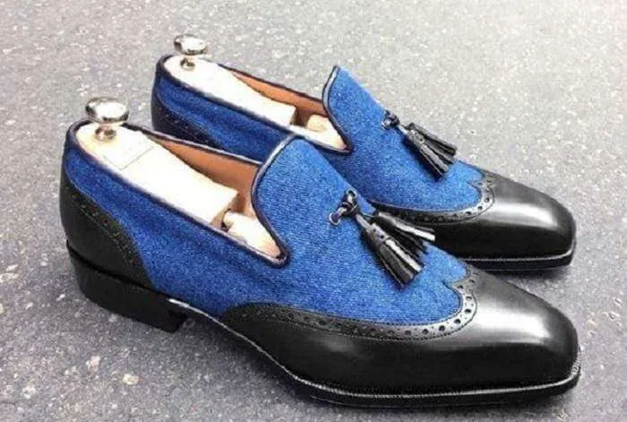 Men's Leather Tweed Loafer Blue Black Wing Tip Tussles Shoes