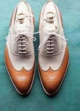 Men's Leather  White Brown Wing Tip Brogue Lace Up Shoes