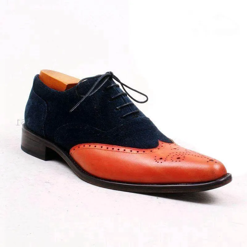 Men's New Tan Navy Blue Leather Suede  Shoe