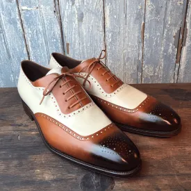 Men's Tan & Beige Leather Lace Up Square Toe Shoes