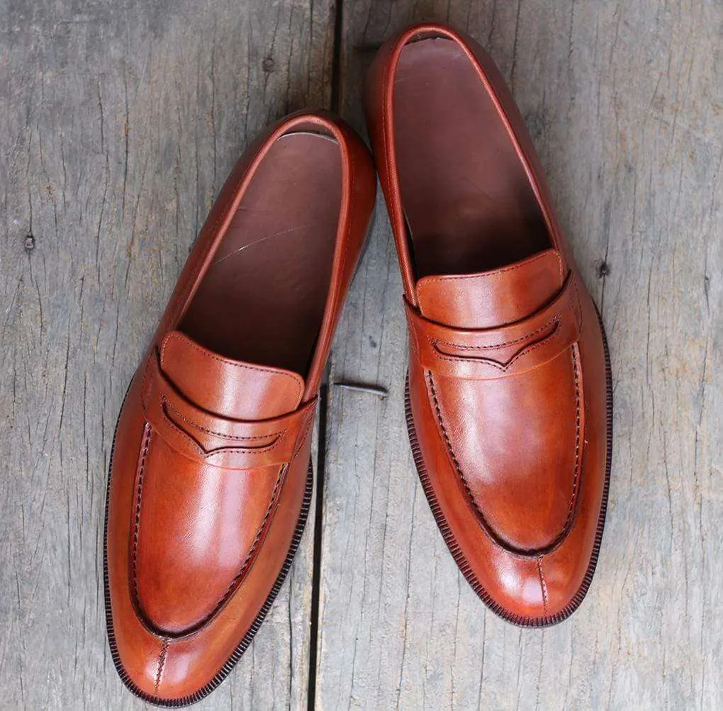 Men's Tan Split Toe Leather Penny Loafers Shoes