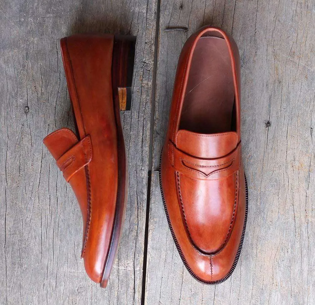 Men's Tan Split Toe Leather Penny Loafers Shoes