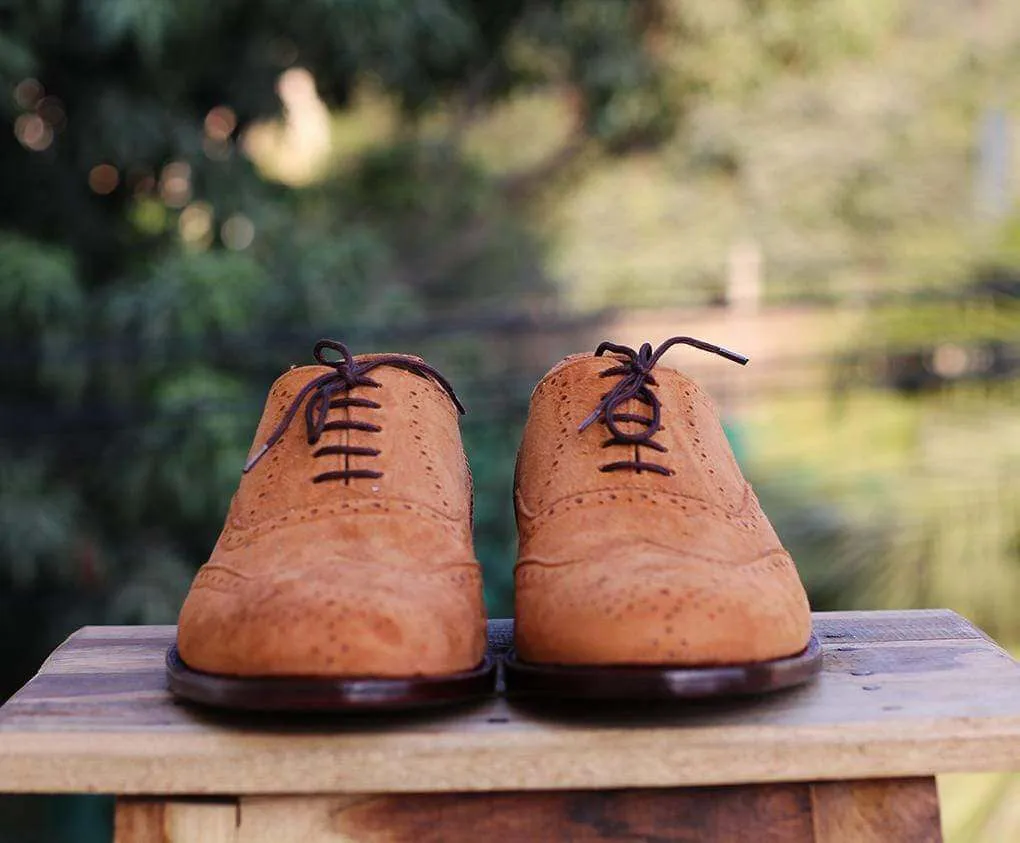 Men's Tan Wing Tip Brogue Suede Men's Shoes