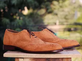 Men's Tan Wing Tip Brogue Suede Men's Shoes