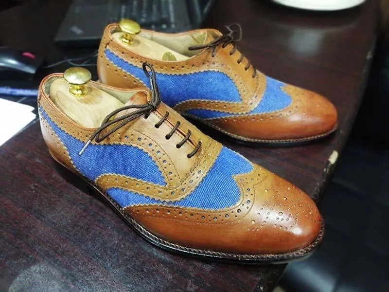 Men's Two Tone Wing Tip Brogue Denim Leather Shoes