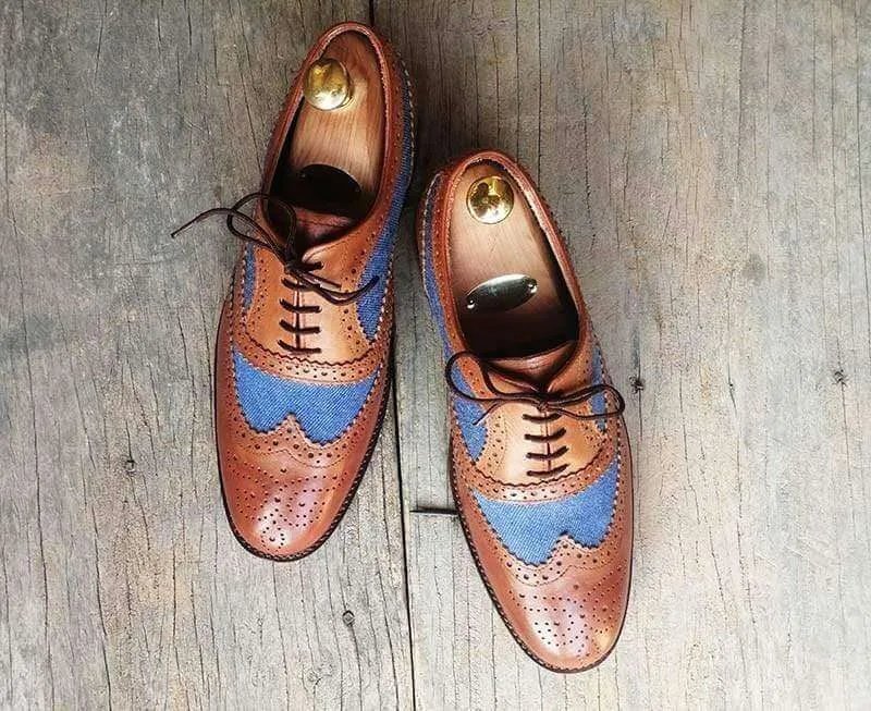 Men's Two Tone Wing Tip Brogue Denim Leather Shoes