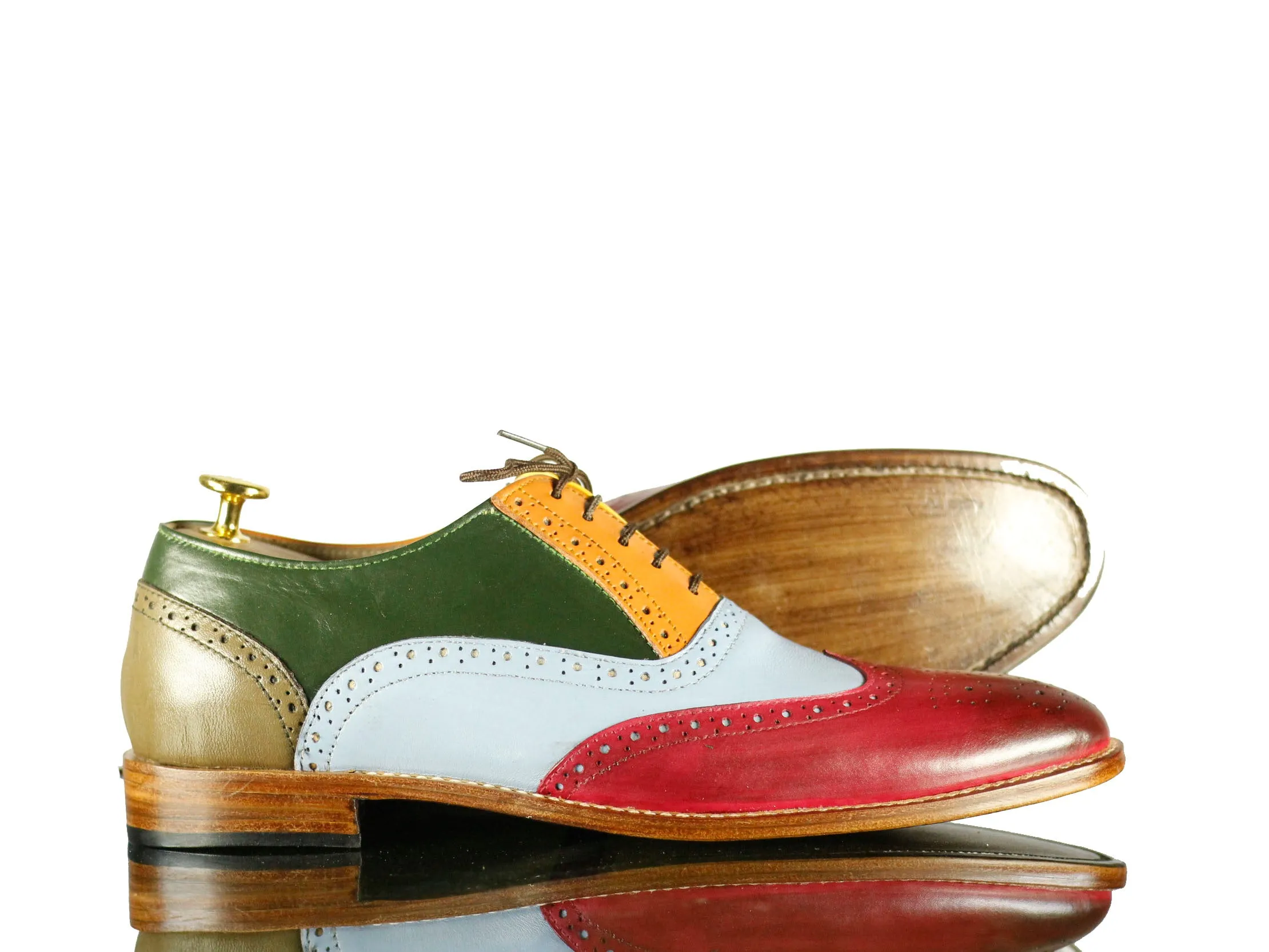 Multi Color Leather Shoes, Wing Tip Brogue Men's Shoes