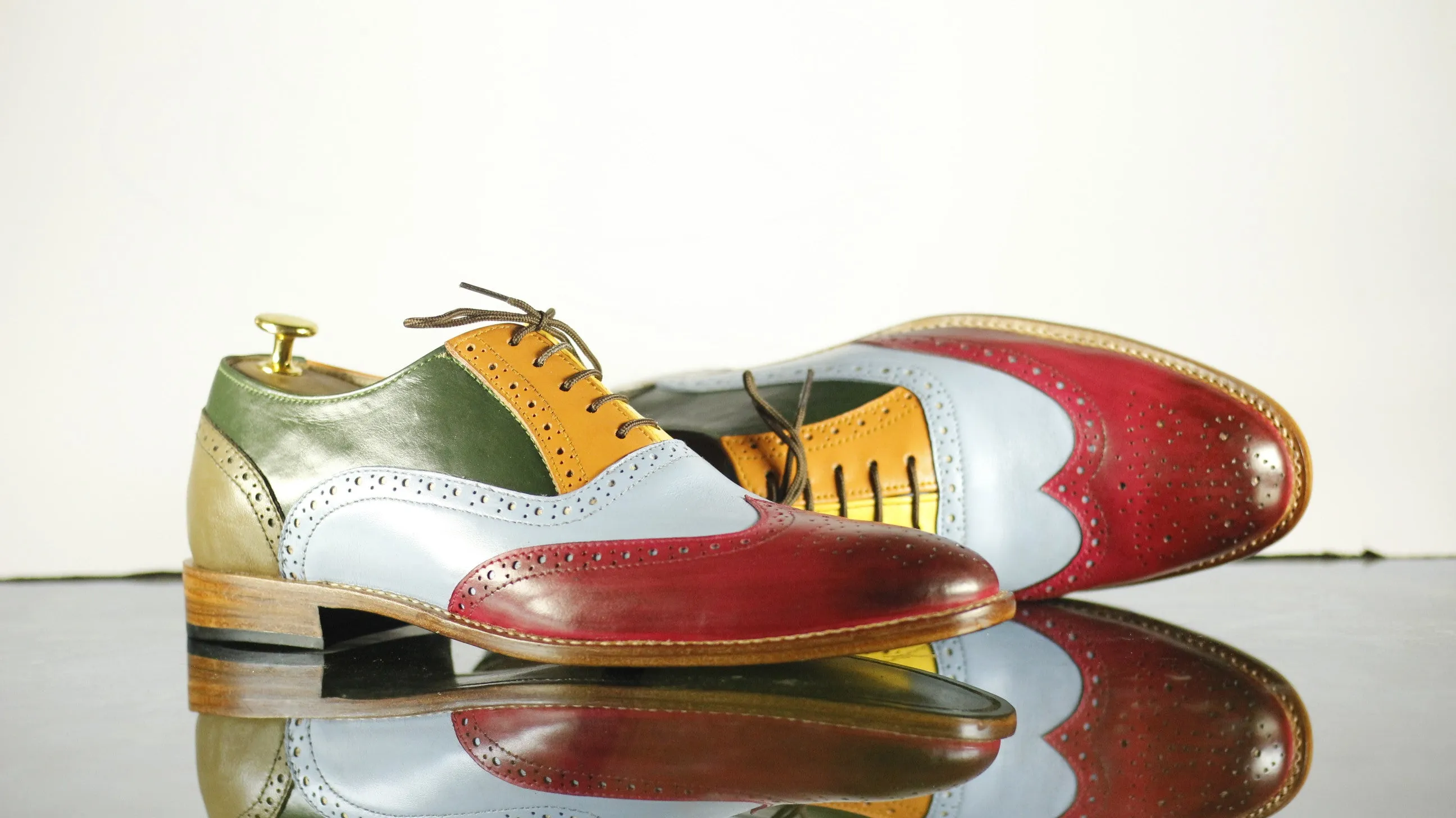 Multi Color Leather Shoes, Wing Tip Brogue Men's Shoes