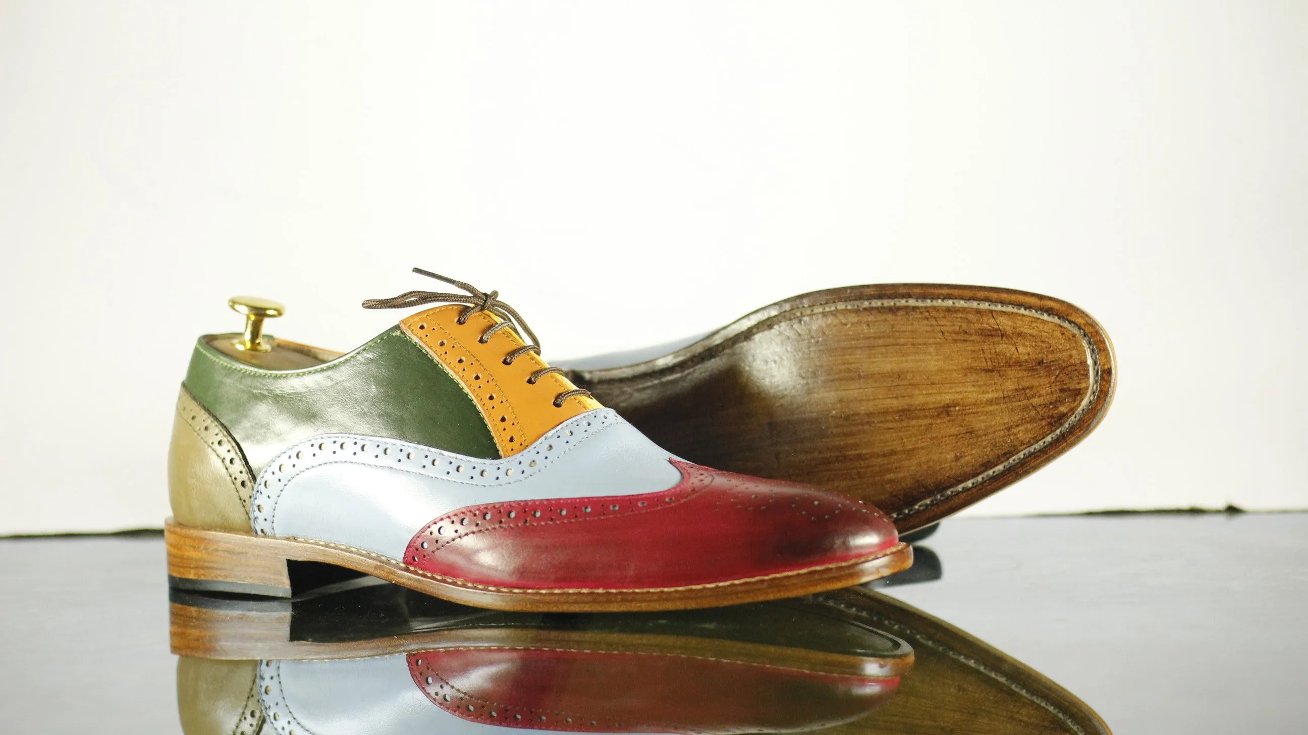 Multi Color Leather Shoes, Wing Tip Brogue Men's Shoes