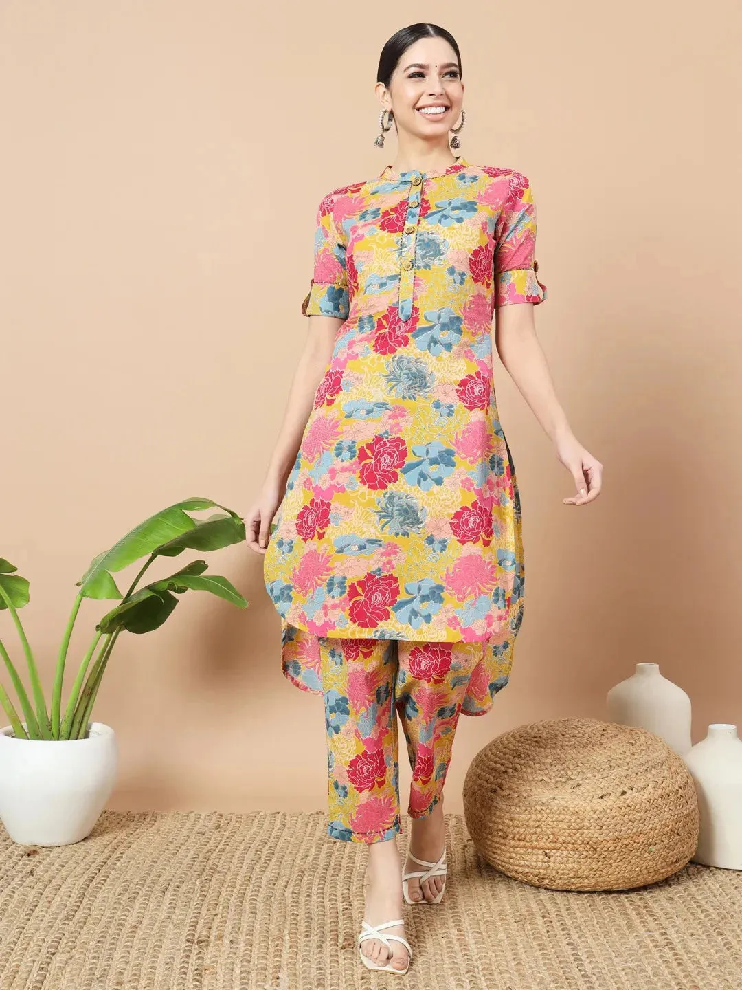 Mustard Floral Print Hand Work On Yoke Cotton Co-Ord Set