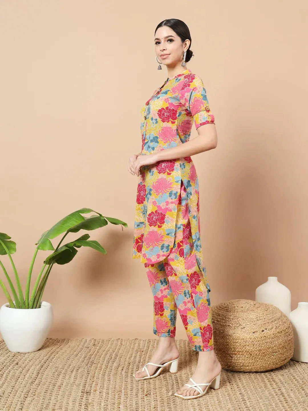 Mustard Floral Print Hand Work On Yoke Cotton Co-Ord Set