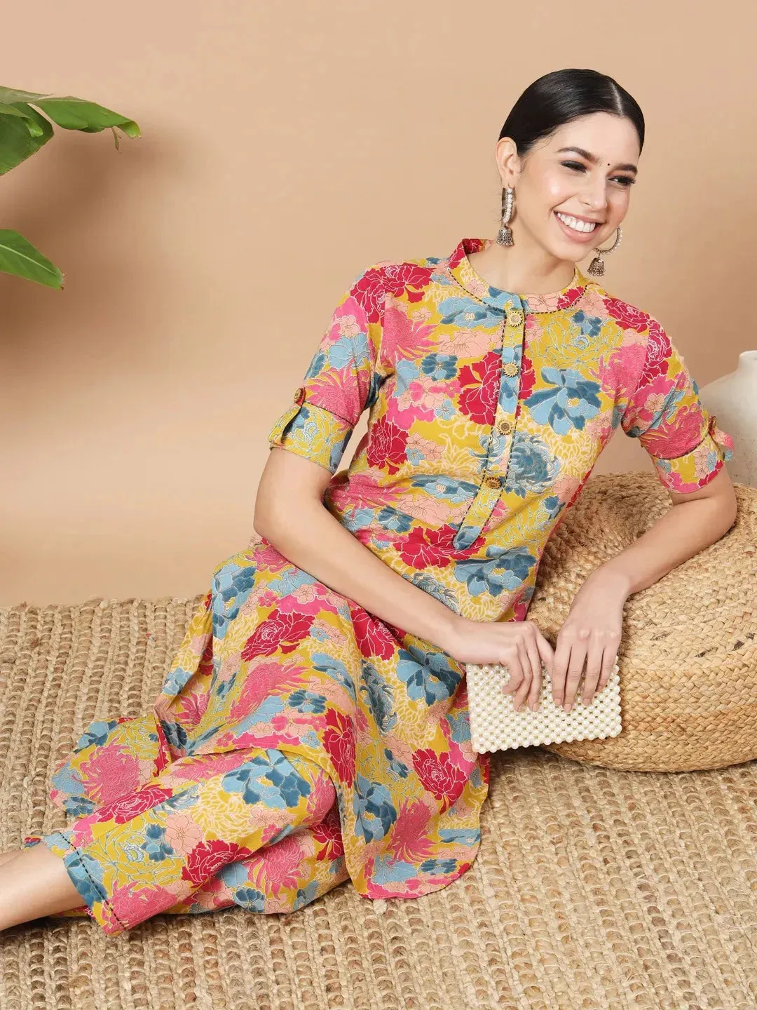 Mustard Floral Print Hand Work On Yoke Cotton Co-Ord Set