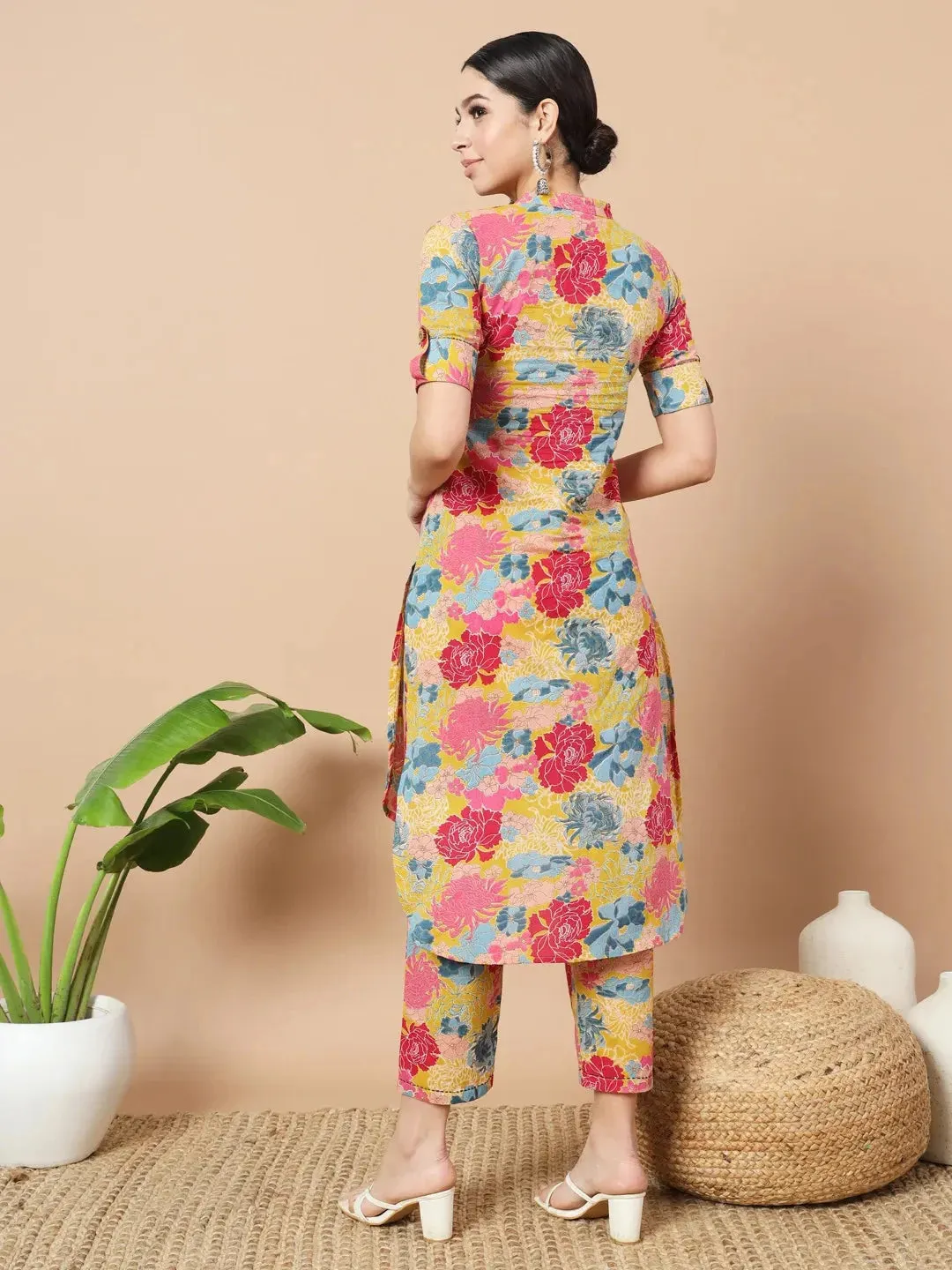 Mustard Floral Print Hand Work On Yoke Cotton Co-Ord Set