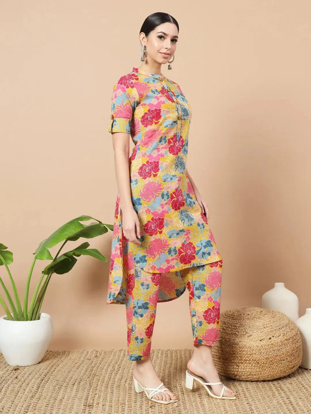 Mustard Floral Print Hand Work On Yoke Cotton Co-Ord Set