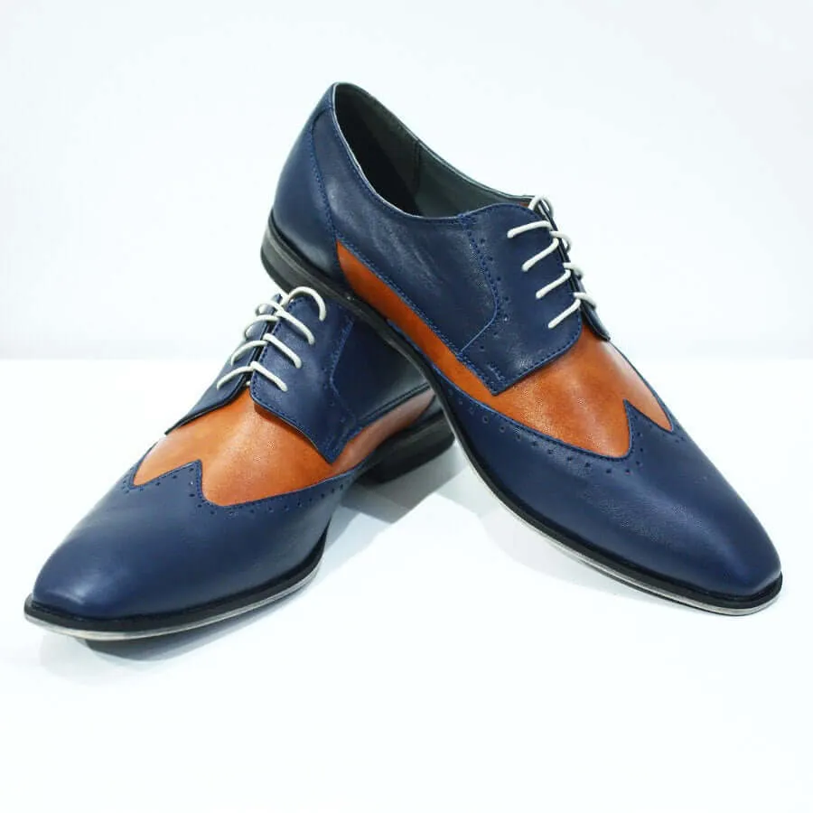 Oxford Blue & Tan Wing Tip Rounded Toe Handmade Magnificiant Leather Men Shoes