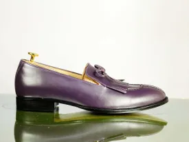 Purple Penny Loafer Leather Fringe Shoes Handmade Men's Stylish Shoes