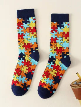 Puzzle Pattern Crew Socks Silly Socks for Men Funky Socks Funny Socks Novelty