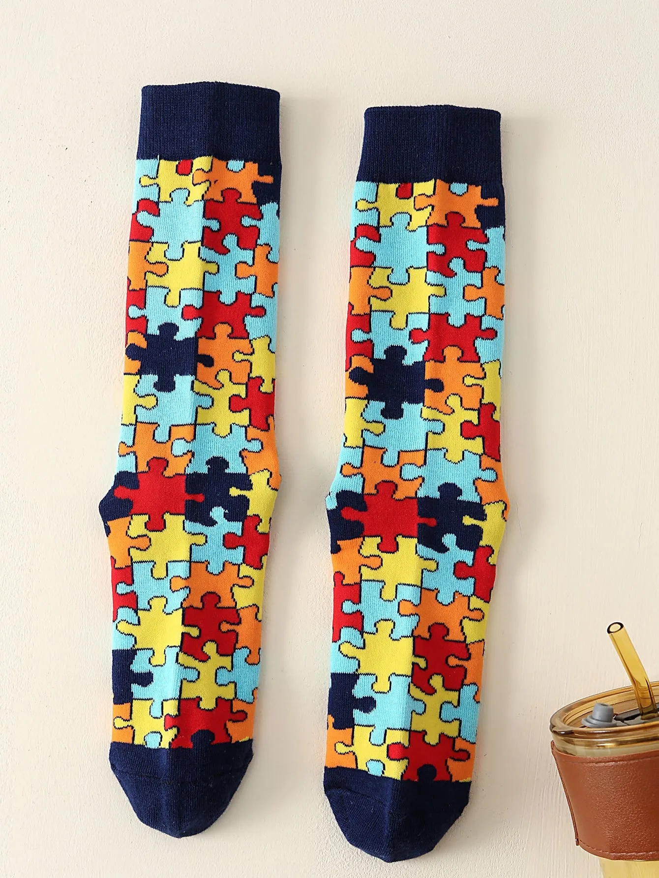 Puzzle Pattern Crew Socks Silly Socks for Men Funky Socks Funny Socks Novelty