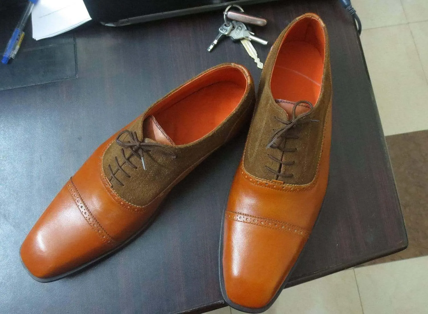 Suede Leather Cap Toe Formal Shoes, Men's Brown Lace Up Shoes