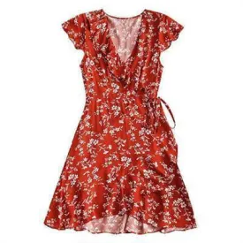 Tiny Floral Ruffle Wrap Mini Dress Boho Summer Dress Women V Neck Casual Short Sleeve Beach Dress Vestidos Robes (US 4-6)