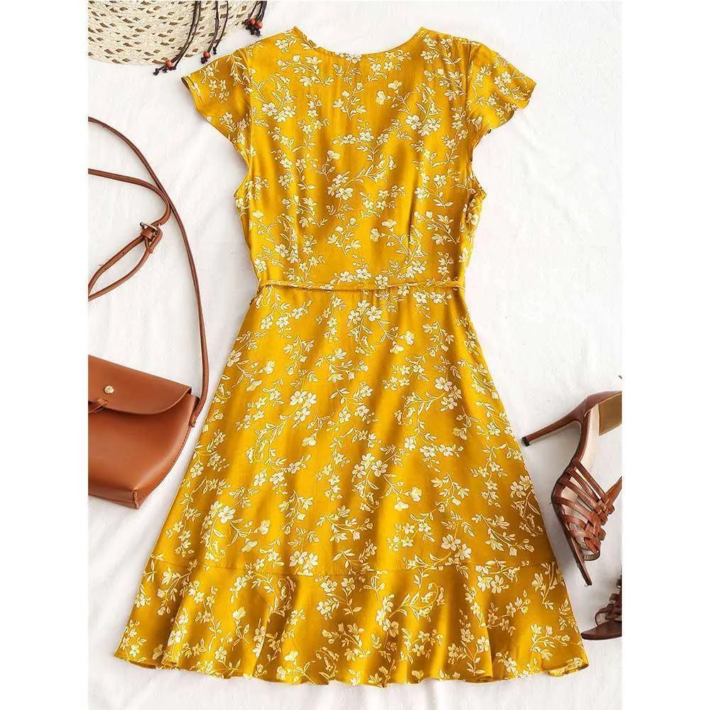 Tiny Floral Ruffle Wrap Mini Dress Boho Summer Dress Women V Neck Casual Short Sleeve Beach Dress Vestidos Robes (US 4-6)