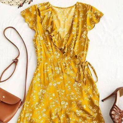 Tiny Floral Ruffle Wrap Mini Dress Boho Summer Dress Women V Neck Casual Short Sleeve Beach Dress Vestidos Robes (US 4-6)