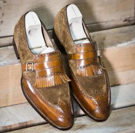 Two Tone Brown Fringe Monk Strap Leather Suede Shoes For Men's