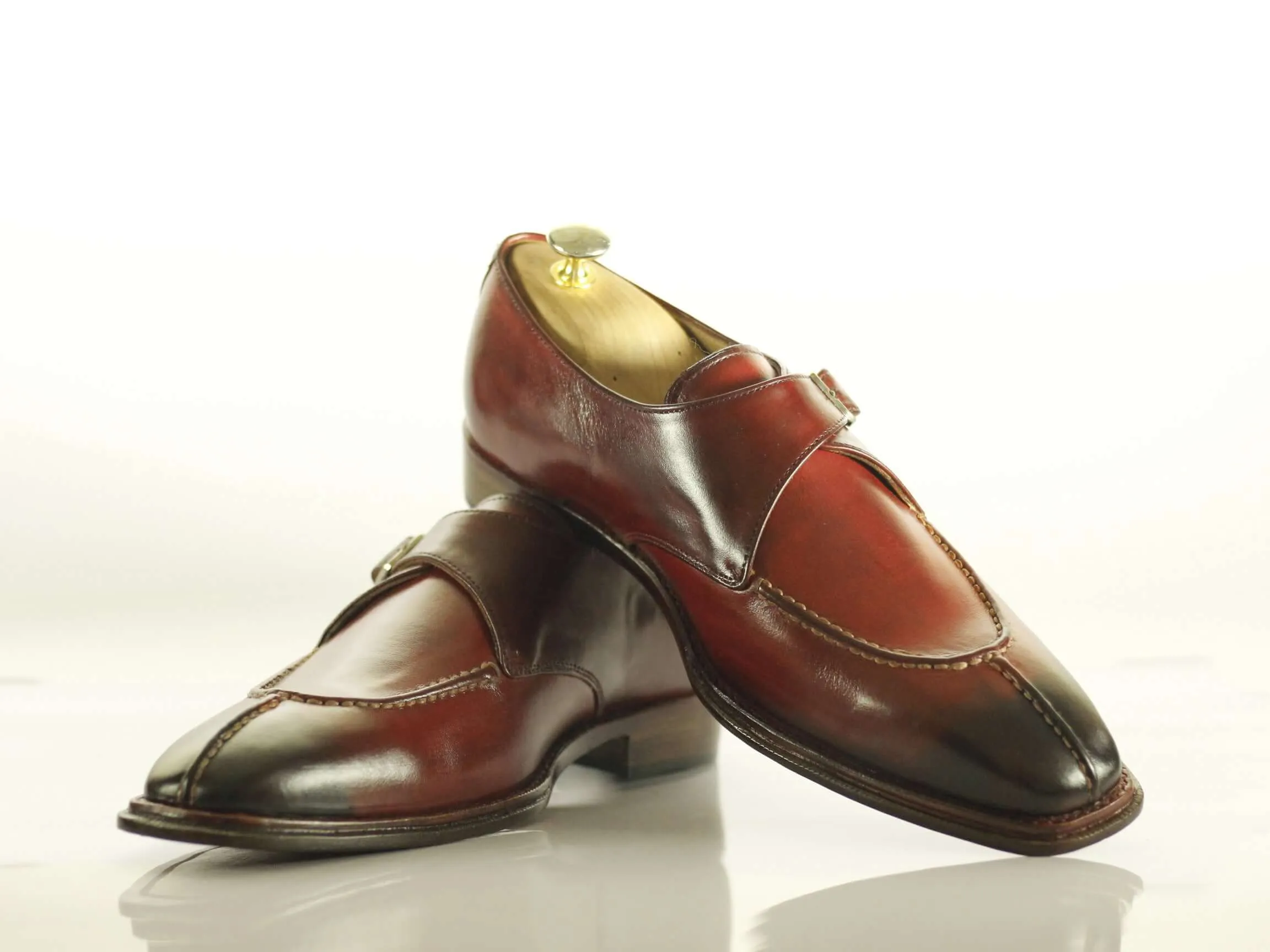 Two Tone Burgundy Split Toe Monk Strap Shoes,Men's Fashion Shoes