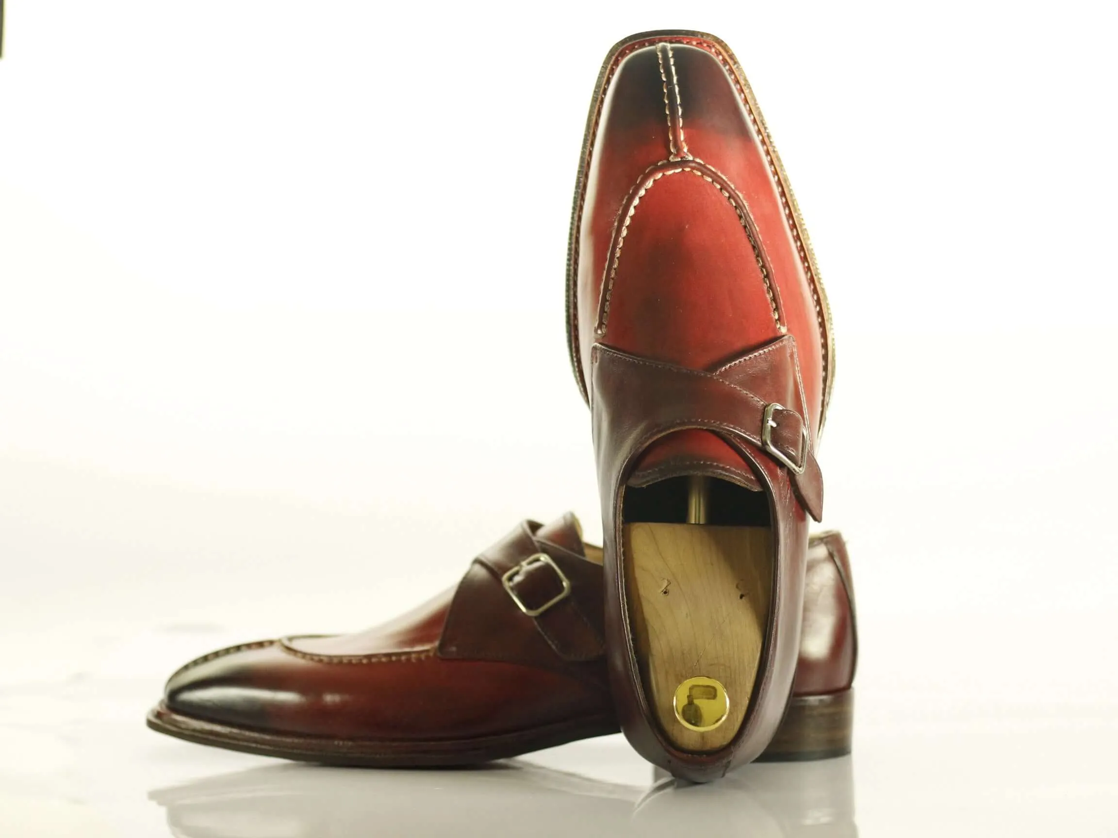 Two Tone Burgundy Split Toe Monk Strap Shoes,Men's Fashion Shoes