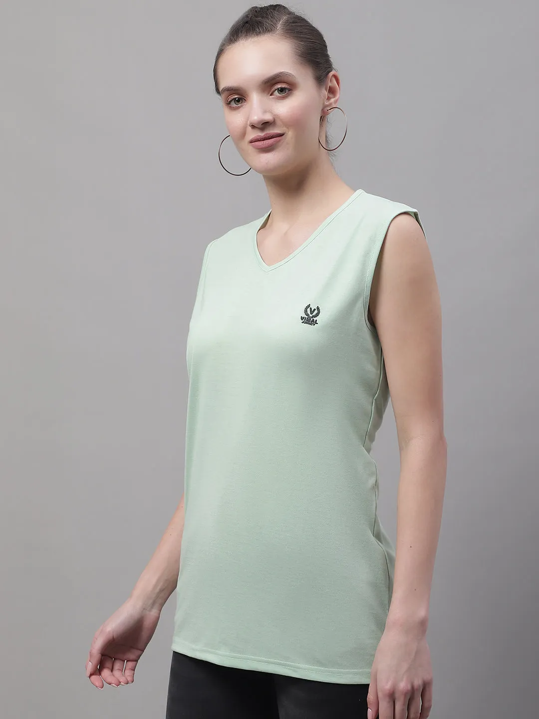 Vimal Jonney Regular Fit Cotton Solid Light Green Gym Vest for Women