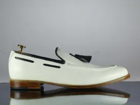 White Loafer Tussle Leather Shoes ,Handmade Formal Shoes