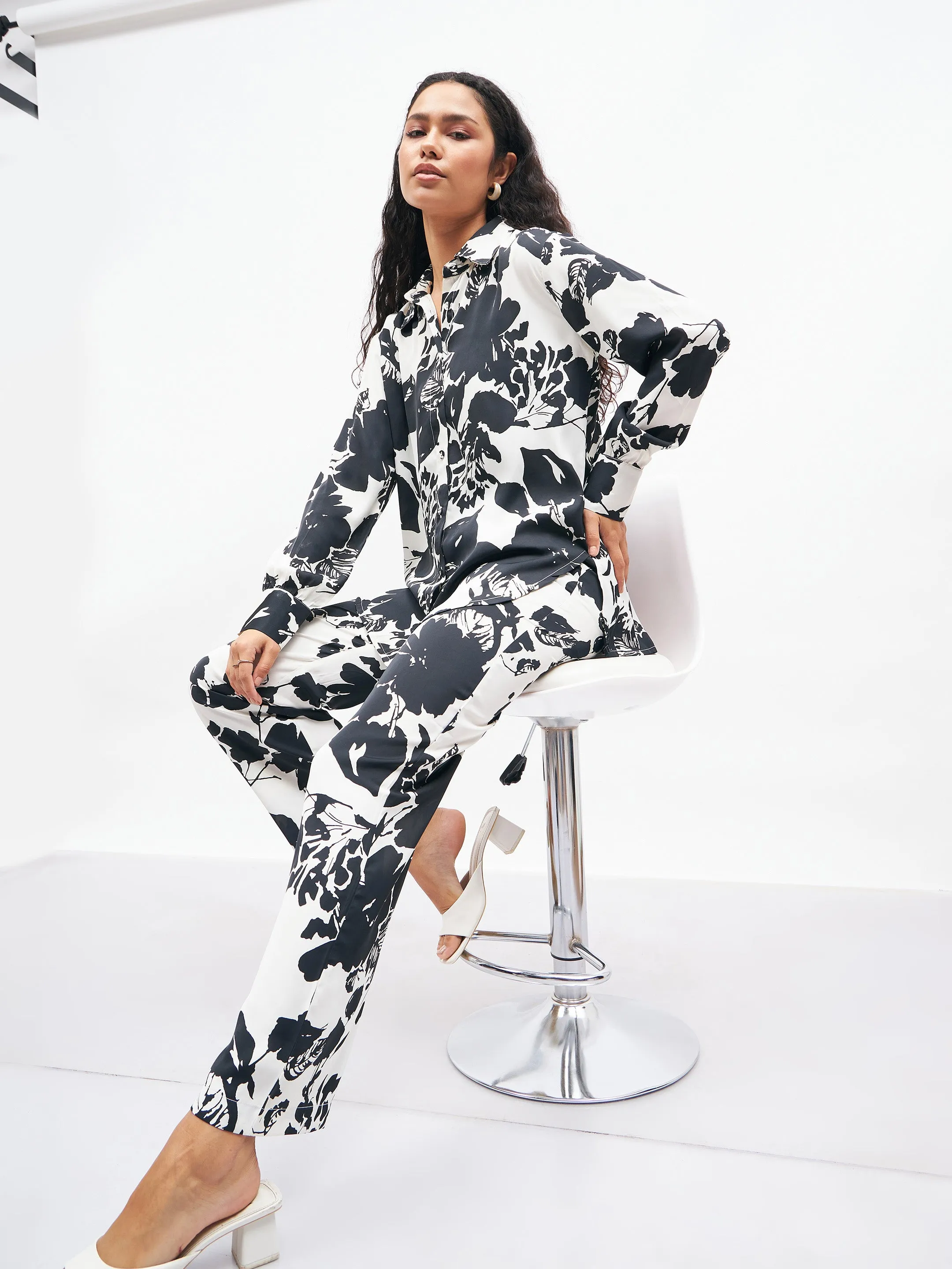 Women Black & White Floral Lounge Shirt With Pants