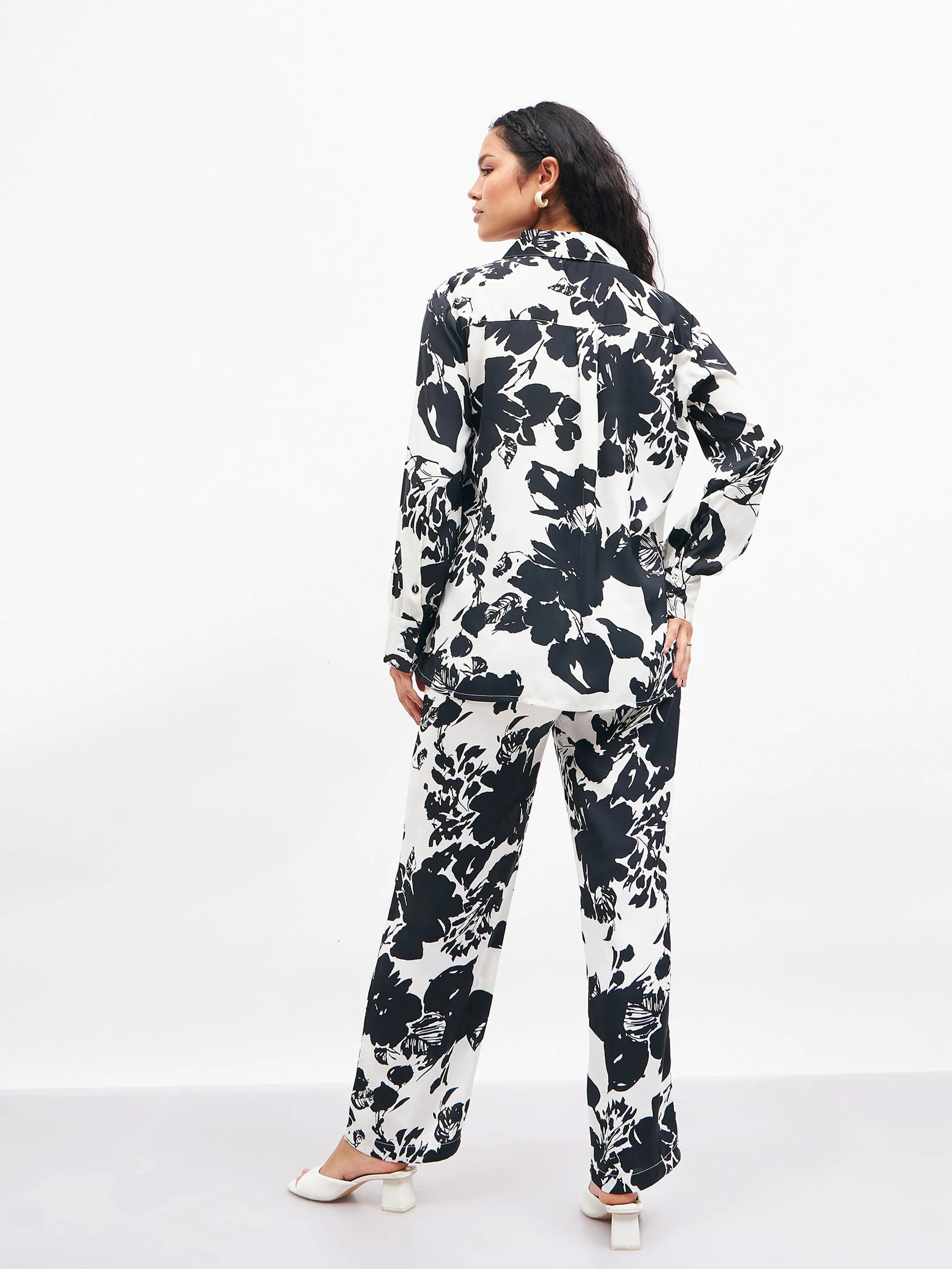 Women Black & White Floral Lounge Shirt With Pants