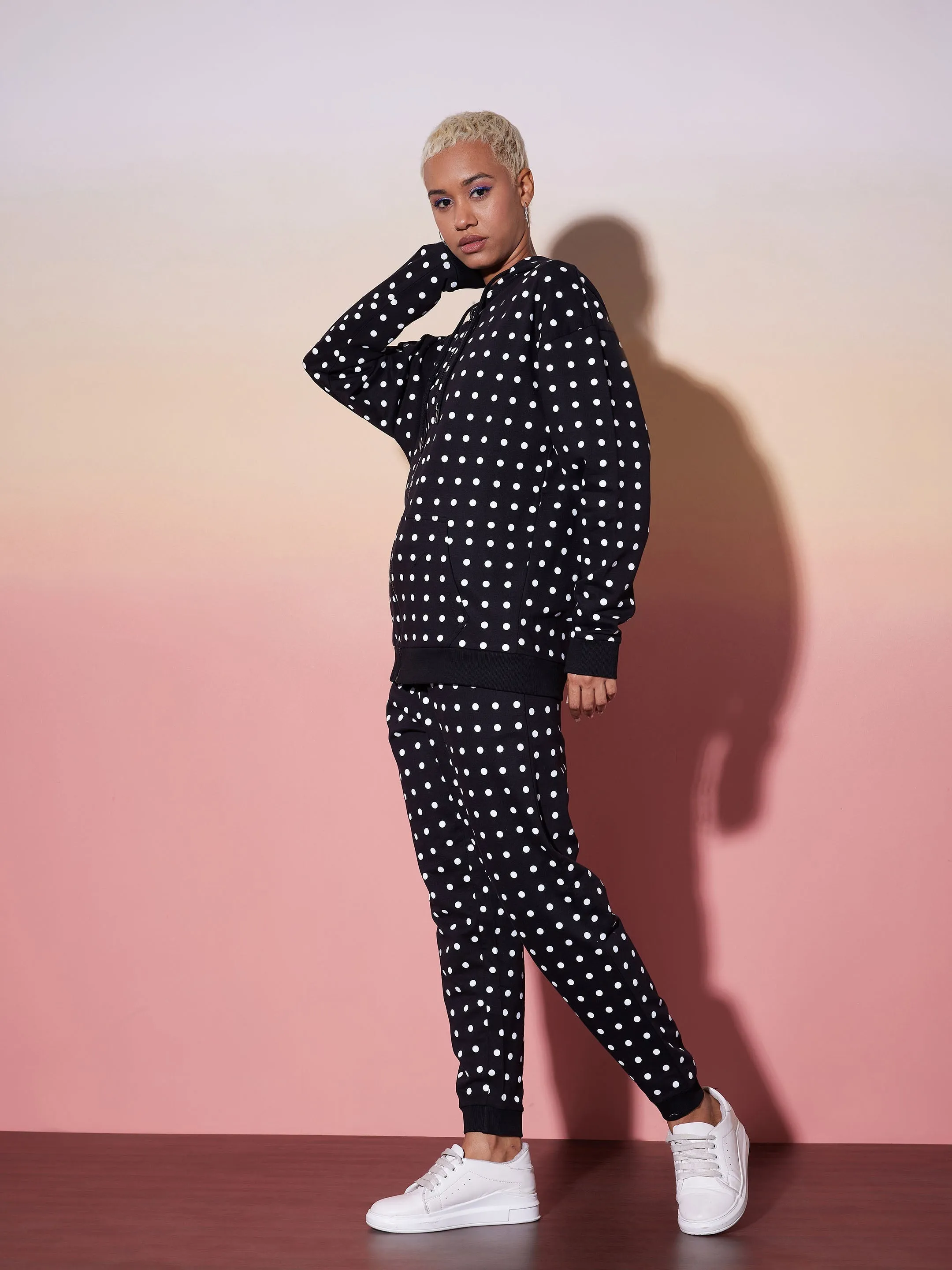 Women Black & White Polka Hoodie With Jogger