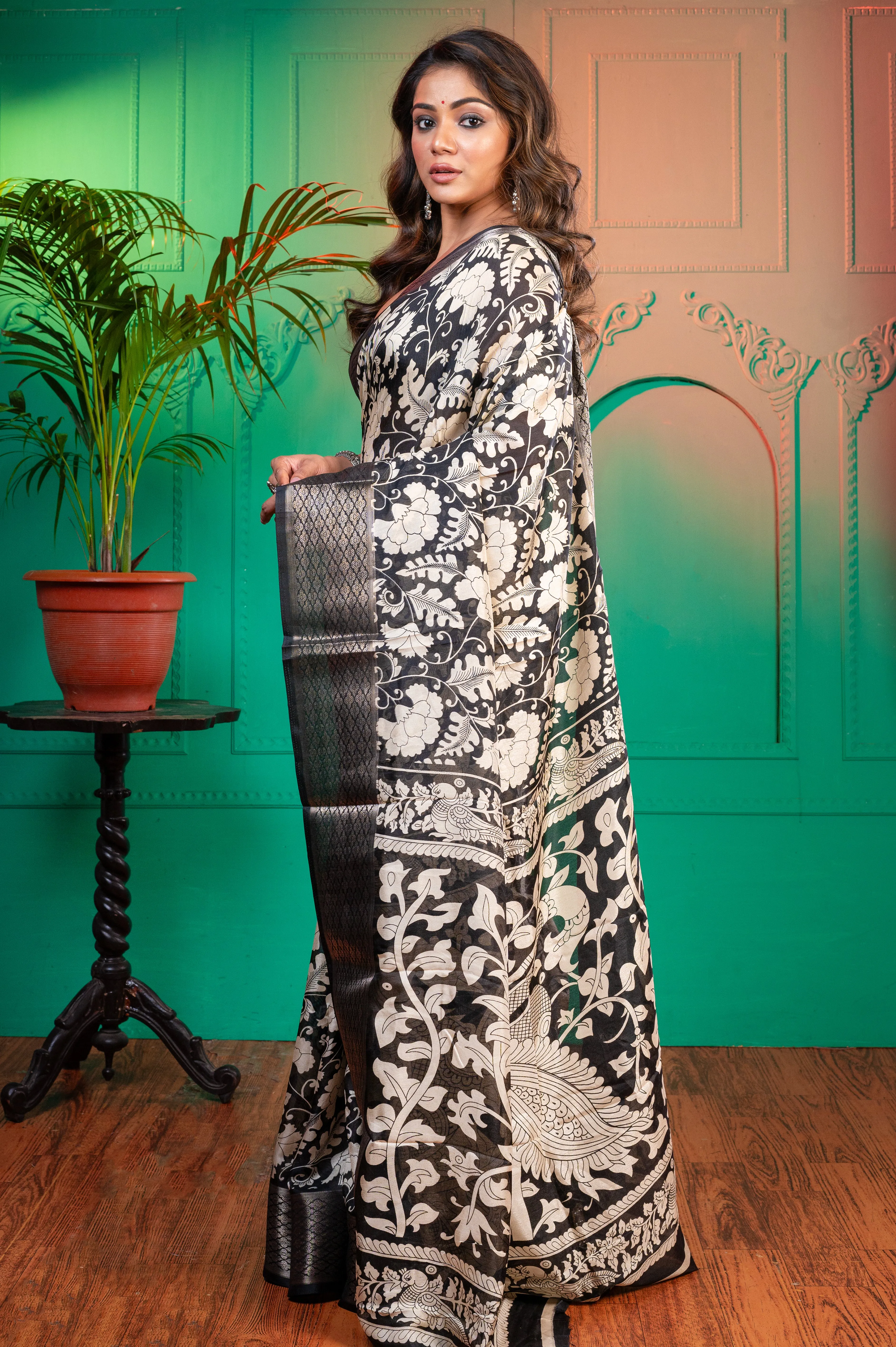 Women Black Soft Dola Silk Saree With Patola Block Print