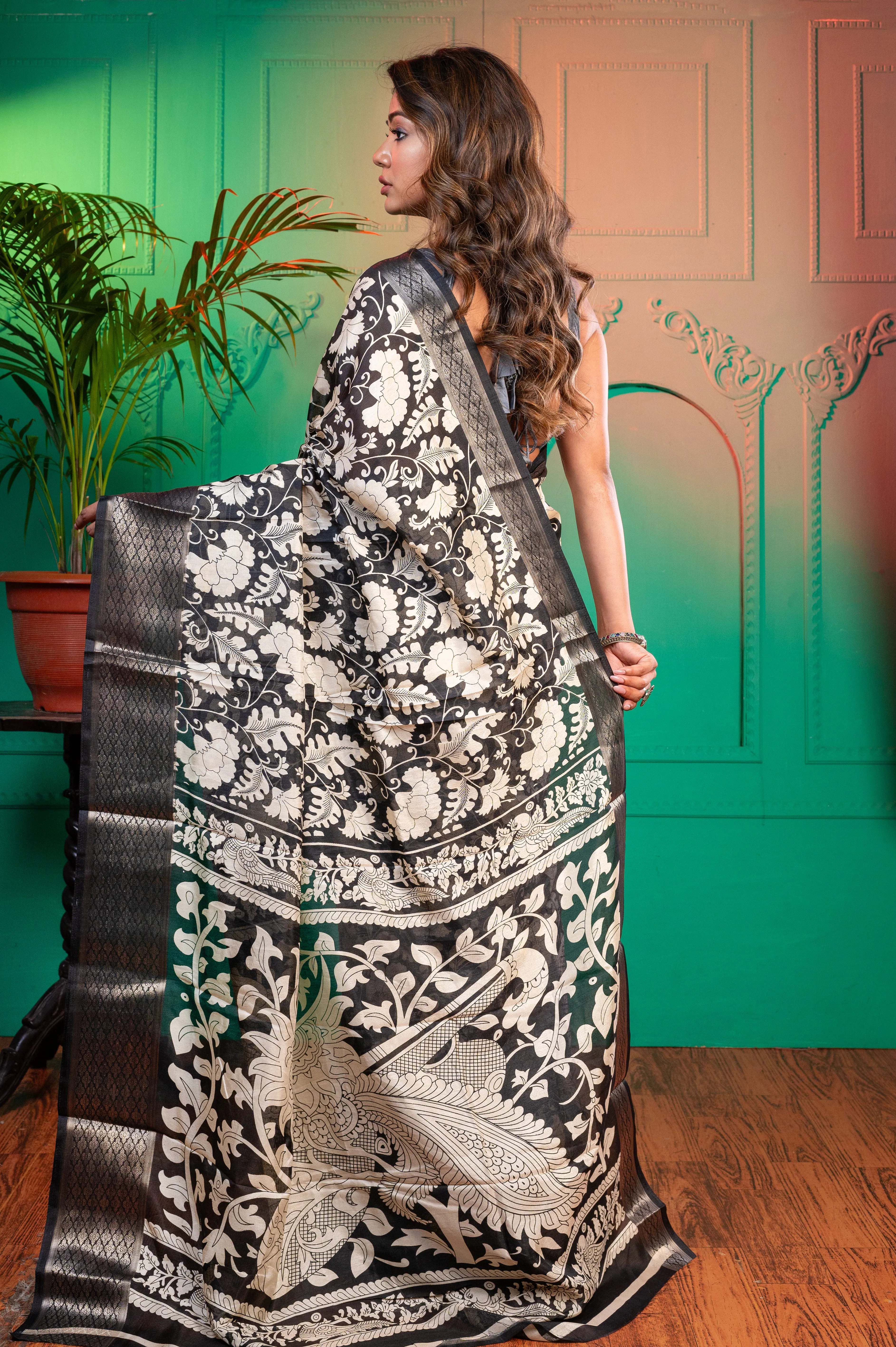 Women Black Soft Dola Silk Saree With Patola Block Print