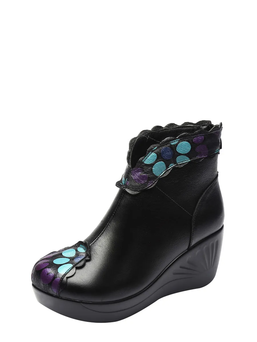 Women Elegant Flower Print Leather Platform Shoes