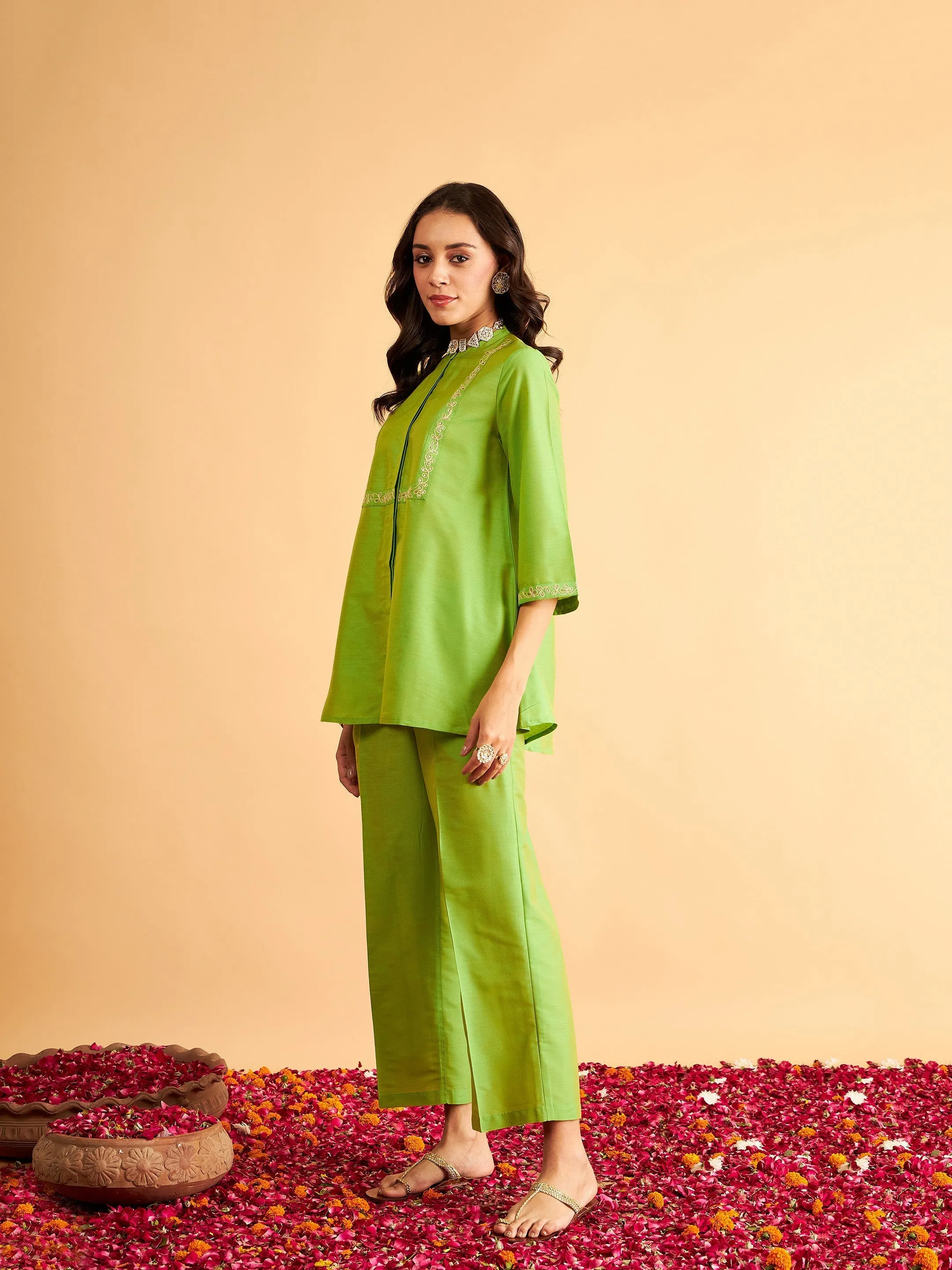 Women Green Embroidered Top With Straight Pants