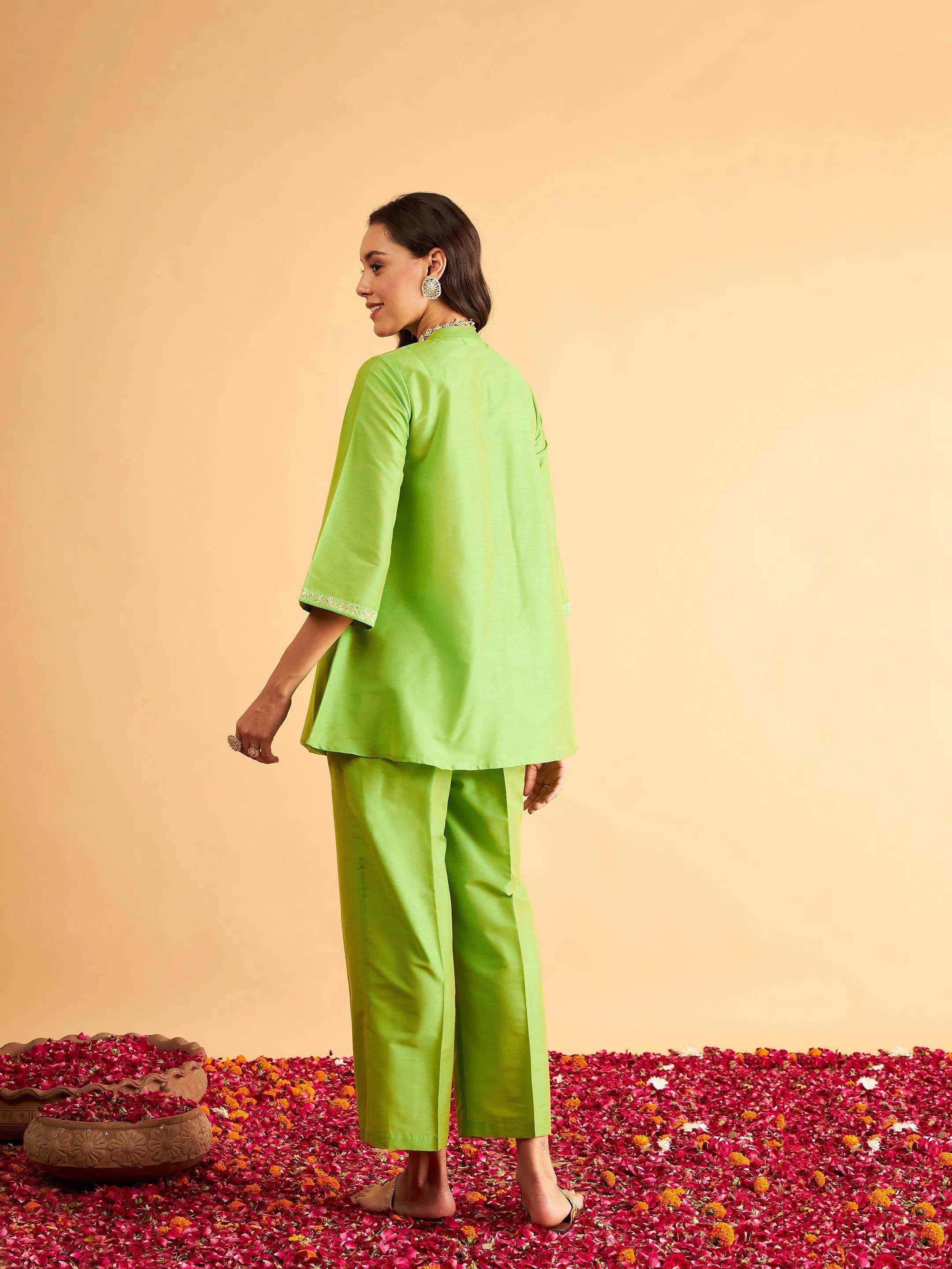 Women Green Embroidered Top With Straight Pants