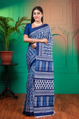 Women Ink Blue Pure Bagru Malmal Cotton Saree With Jungle Print