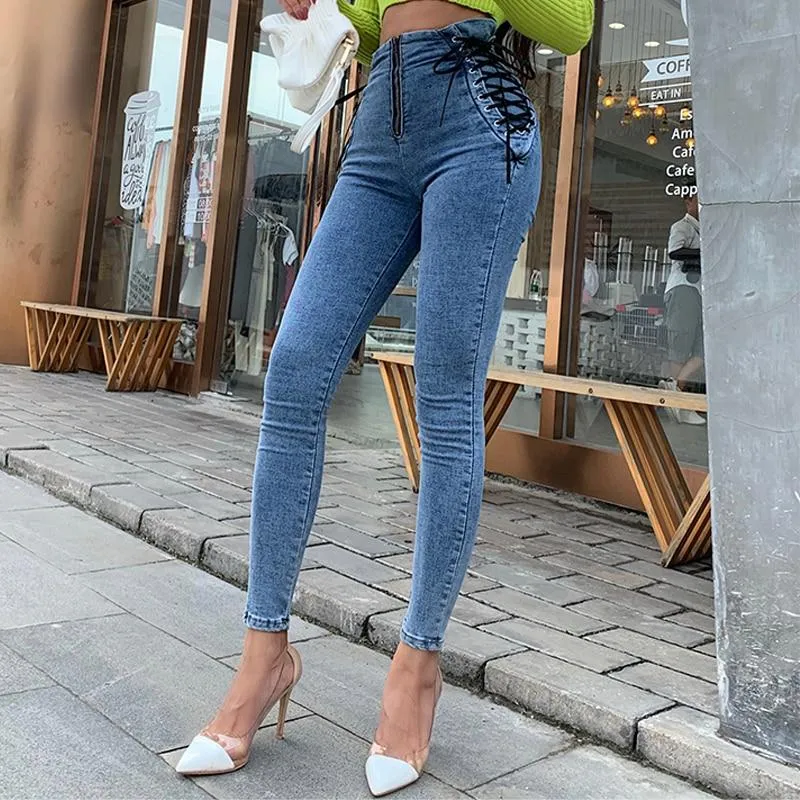 Women Lace Up High Waist Stretch Washed Design Slim Skinny Denim Jeans