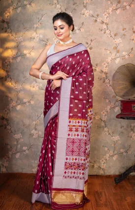 Women Magenta Banarasi Soft Silk Saree With Silver Jacquard Border