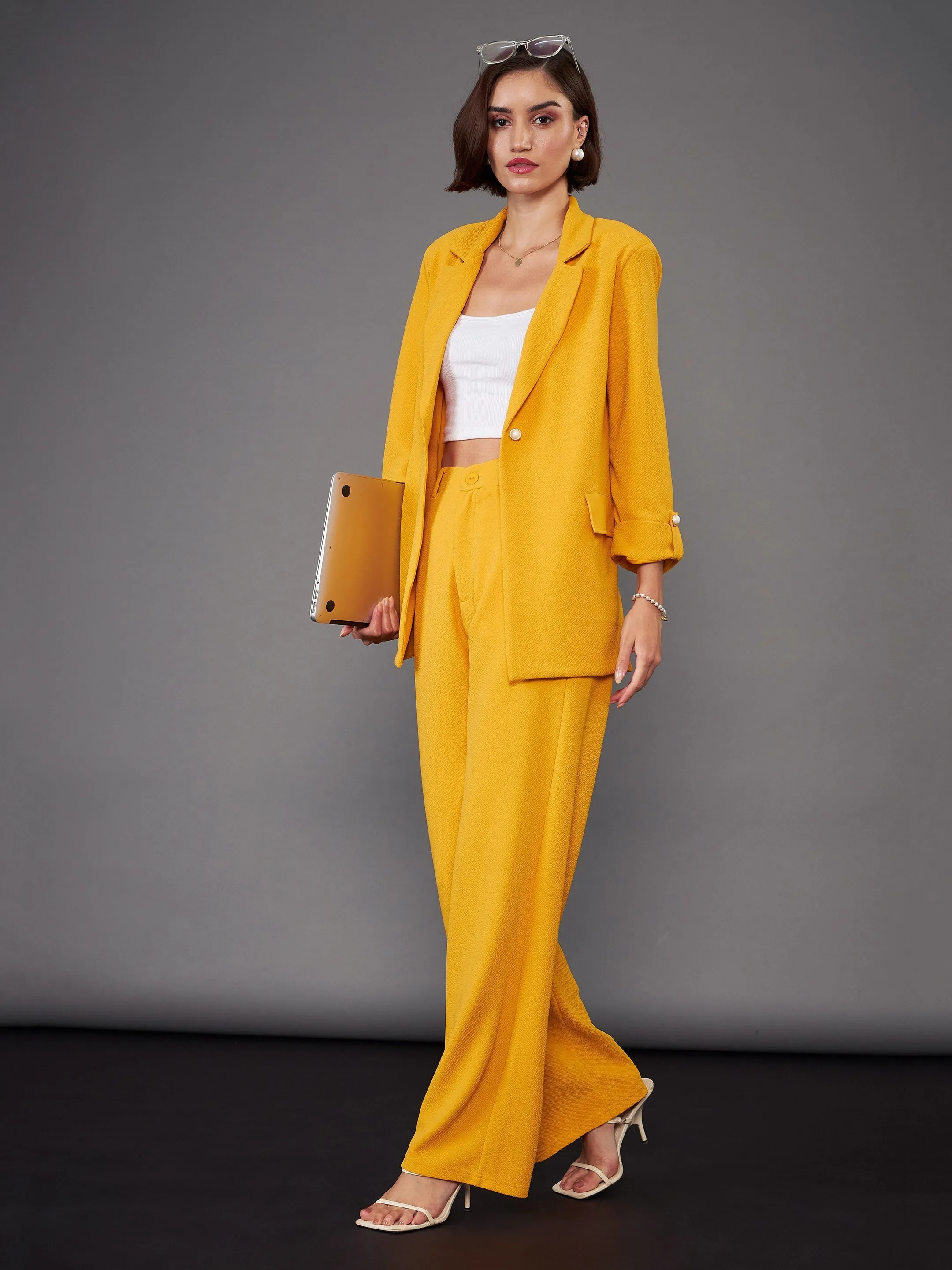 Women Mustard Front Button Blazer With Straight Pants