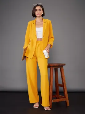 Women Mustard Front Button Blazer With Straight Pants