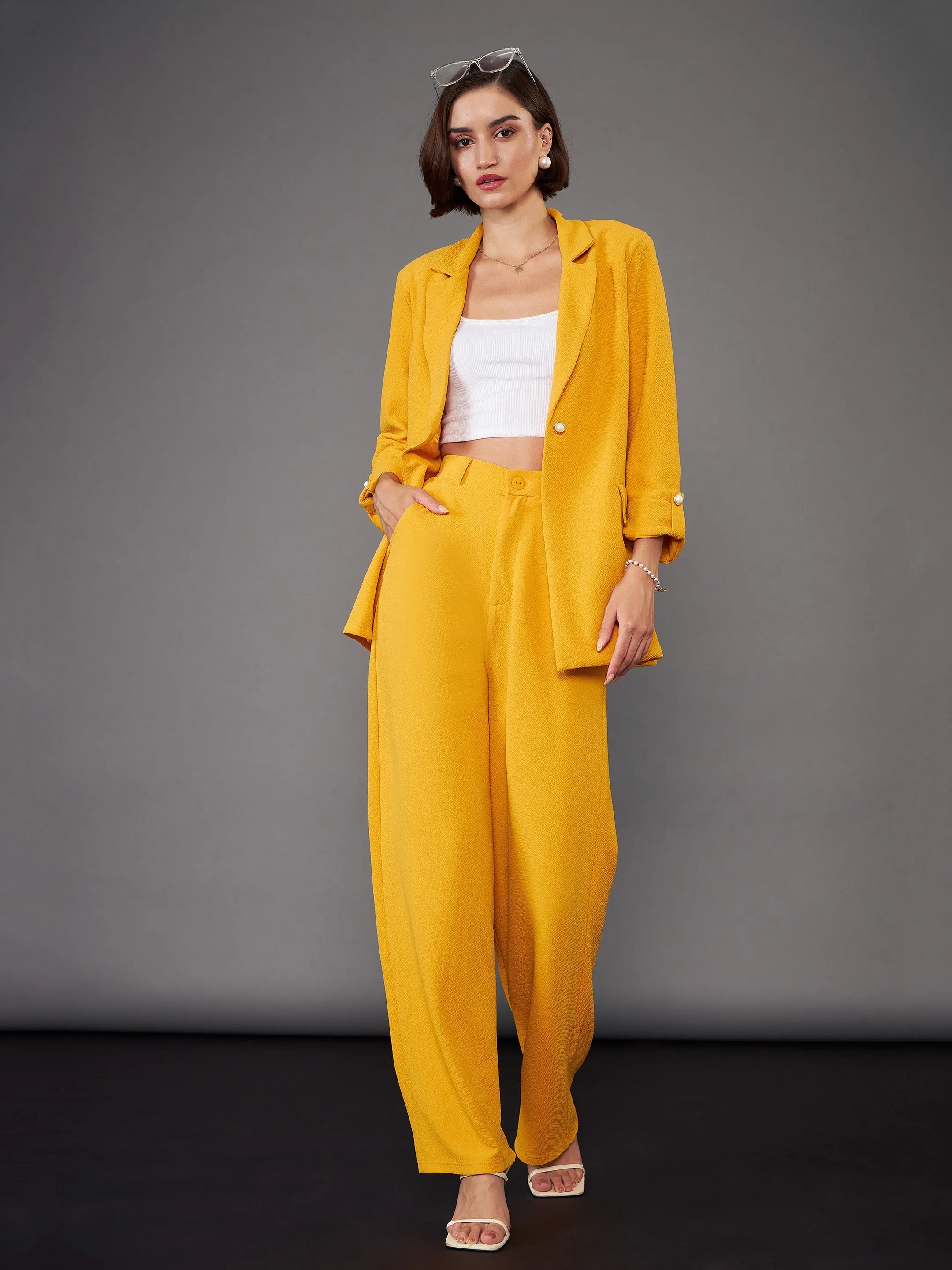 Women Mustard Front Button Blazer With Straight Pants