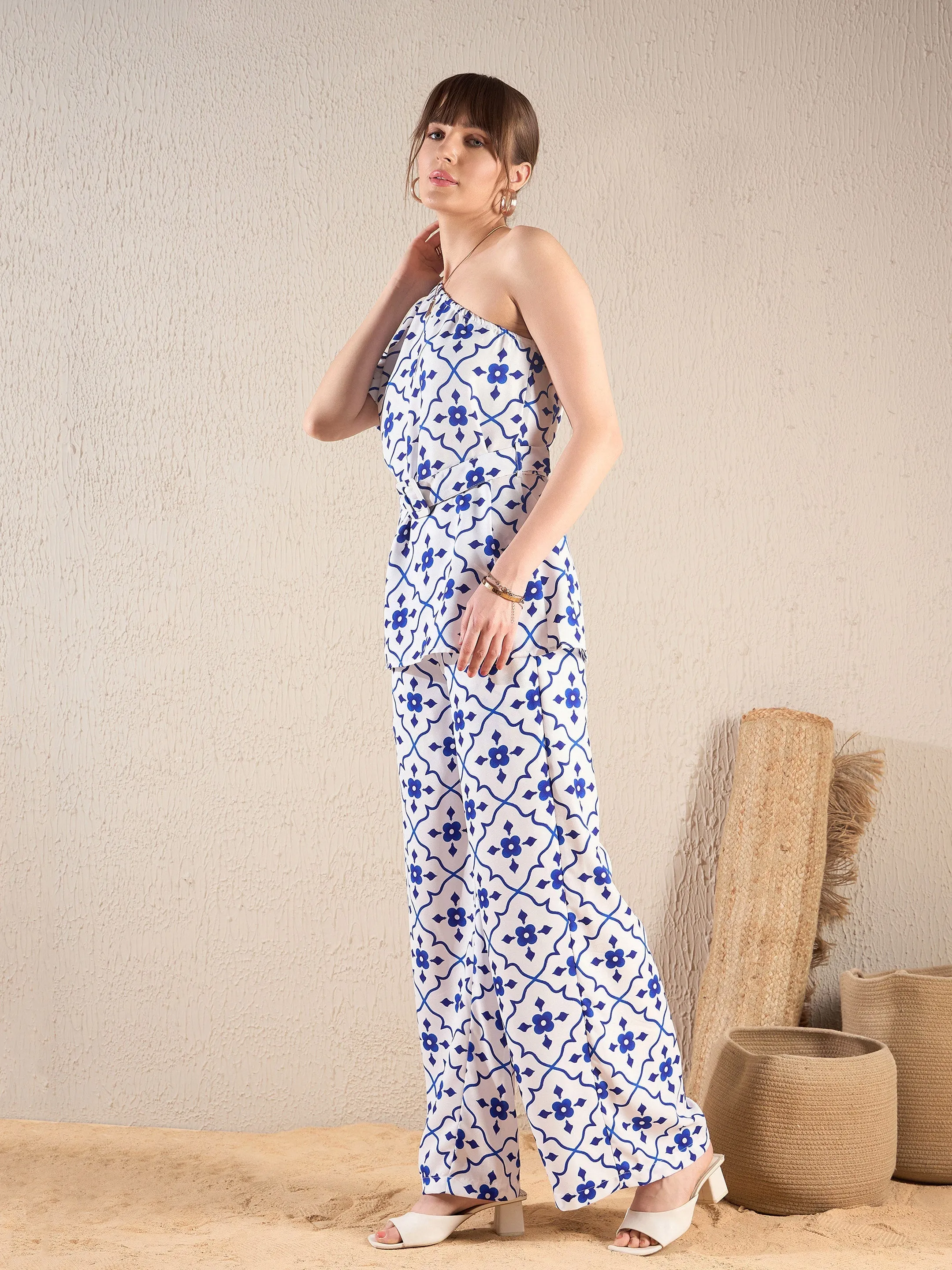 Women Navy Ethnic Print One Shoulder Top With Pants